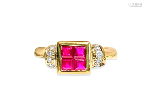 18K Gold, 0.92 carat diamond and natural ruby ring