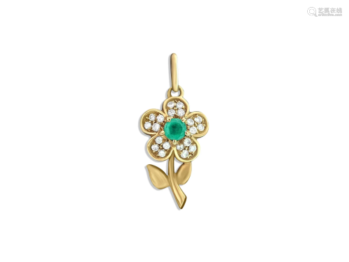 18K Gold. 0.75 Carat Emerald and Diamond Flower Pendant