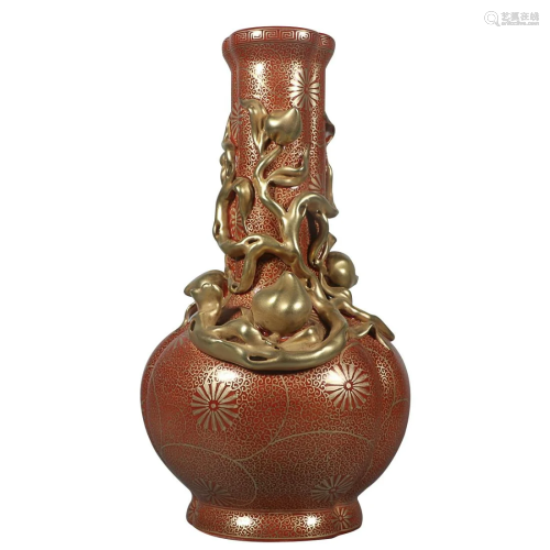 GILT-DECORATED IRON-RED- GLAZED 'PEACH' PEAR-FORM VASE