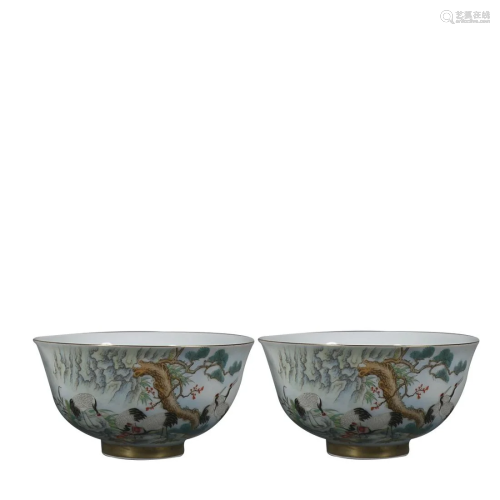 FAMILLE-ROSE 'CRANE AND PINE TREE ' BOWL