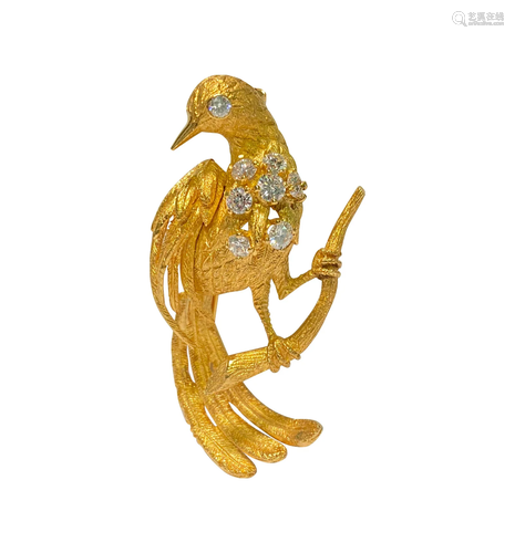 18K Yellow Gold VVS Diamond Vintage Bird Pin