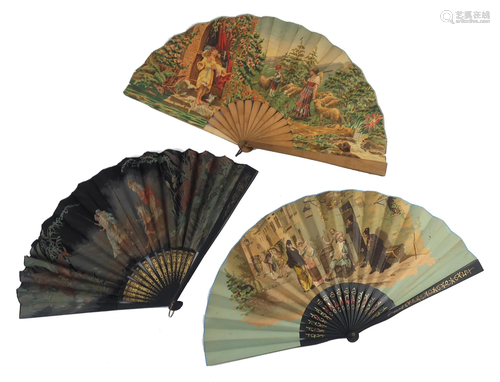 Three large pictorial fans from the 1890