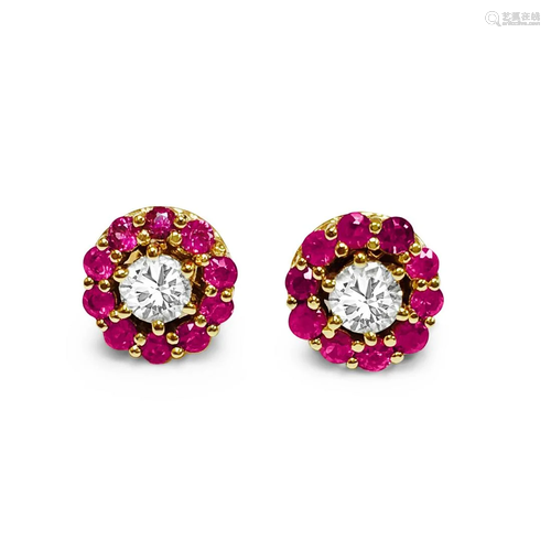 14k Yellow Gold, 1.35 Carat Ruby and VS/F Diamond Studs