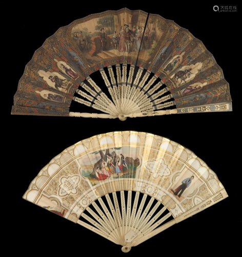 Two mid-19th century bone fans, both lit