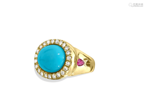 Turquoise Diamond Ruby 18K Yellow Gold Cocktail Ring