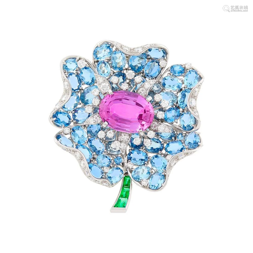 Verdura Platinum, Pink Topaz, Aquamarine, Emerald and