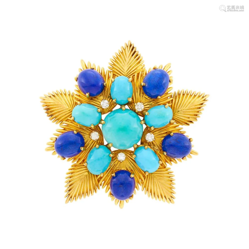 Cartier Gold, Turquoise, Lapis and Diamond Flower