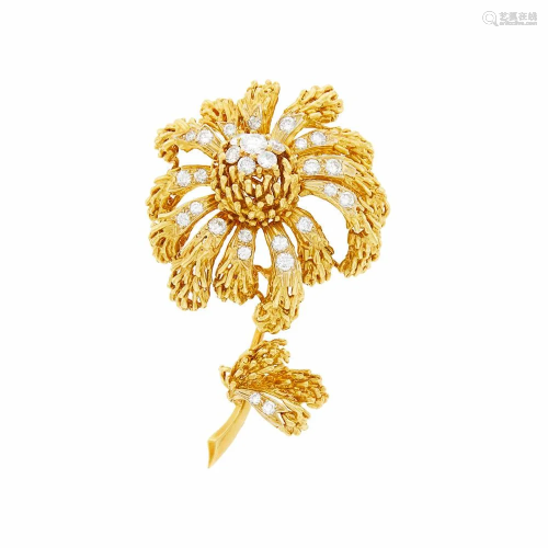 Van Cleef & Arpels Gold and Diamond Flower Clip-Brooch,