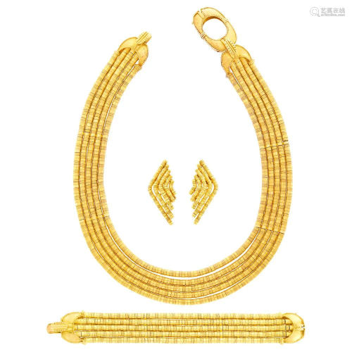 Ilias Lalaounis Five Strand Gold Necklace, Bracelet and