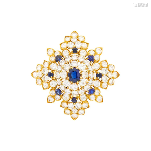 Gold, Sapphire and Diamond Maltese Cross Pendant-Brooch