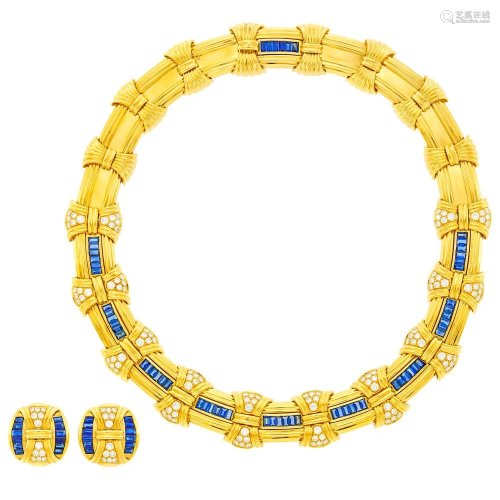 Sabbadini Gold, Sapphire and Diamond Necklace and Pair