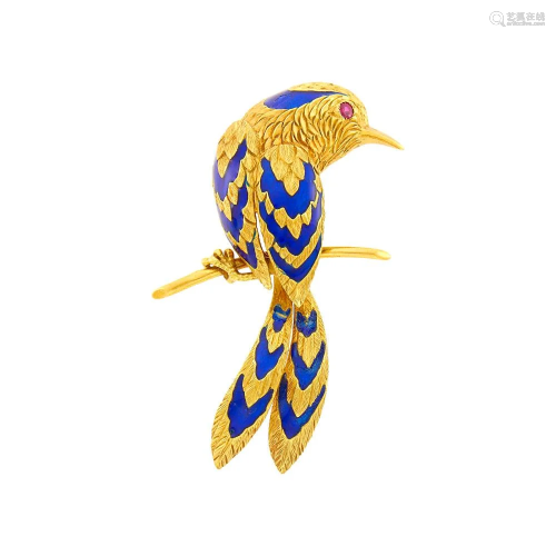 Cartier Gold and Blue Enamel Bird Clip-Brooch, France