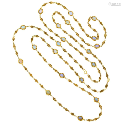 Long Antique Gold and Opal Chain Necklace