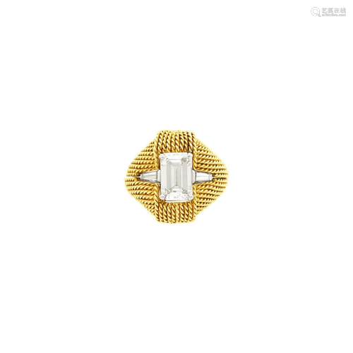 Platinum and Diamond Ring with Rope-Twist Gold Jacket