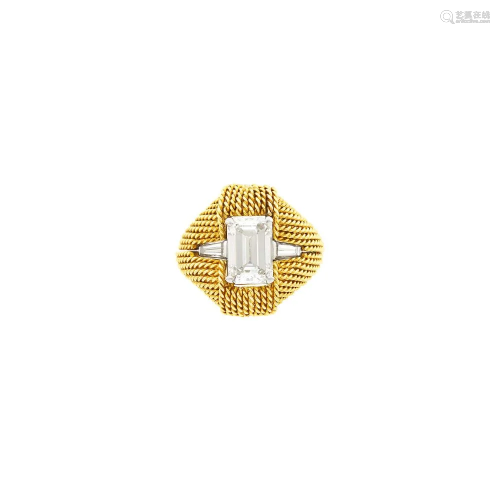 Platinum and Diamond Ring with Rope-Twist Gold Jacket