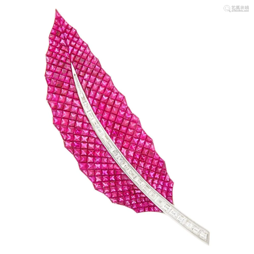White Gold, Invisibly-Set Ruby and Diamond Feather