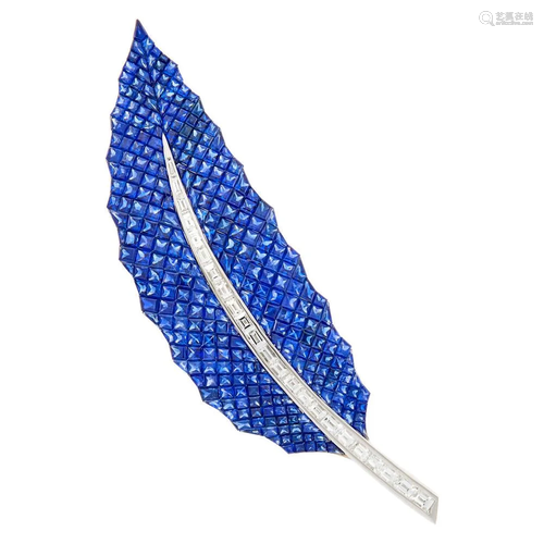 White Gold, Invisibly-Set Sapphire and Diamond Feather