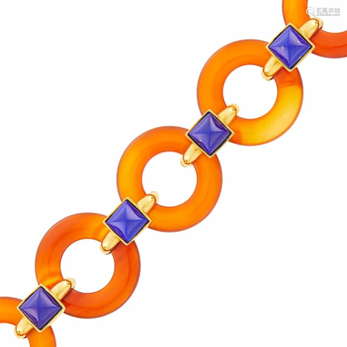 Aldo Cipullo Gold, Carnelian and Lapis Link Bracelet