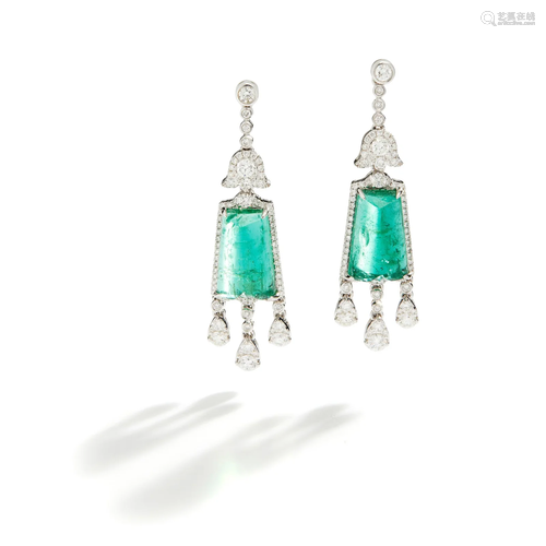 A pair of emerald and diamond pendent earrings, by Fei