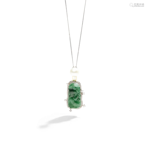 A jadeite jade, diamond and cultured pearl pendant