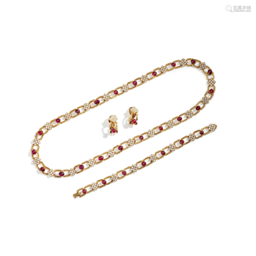 A ruby and diamond-set necklace, bracelet and pair of