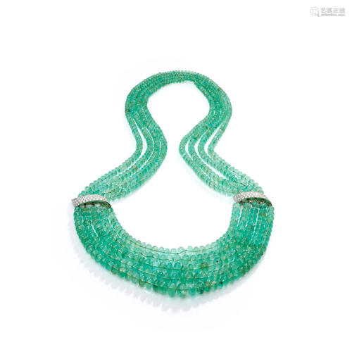 An emerald and diamond bead necklace