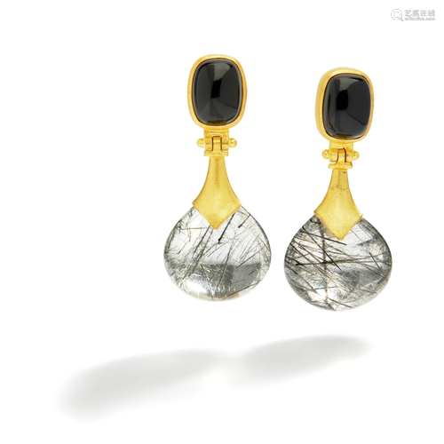 A pair of onyx and rutilated quartz earrings