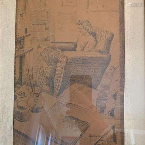 Ecole du XXe siècle Femmes lisant dans un fauteuil Mine de p...