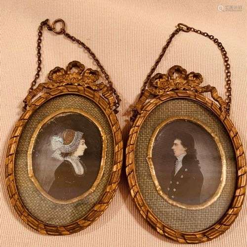 Deux miniatures représentant les portraits d'un homme et d'u...