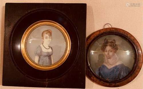 Deux miniatures rondes représentant des portraits de femmes ...