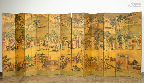 CHINESE 12 PANEL PAINTED COURT SCENE FLOOR SCREEN