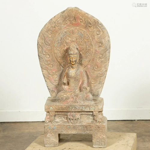 CHINESE CARVED POLYCHROME STONE SEATED BUDD…