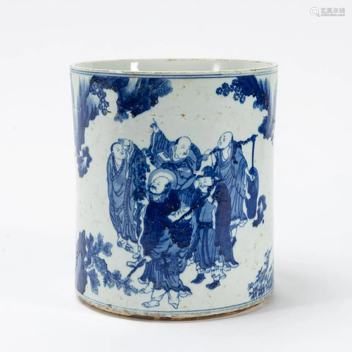 CHINESE LARGE BLUE & WHITE IMMORTALS BRUSH POT