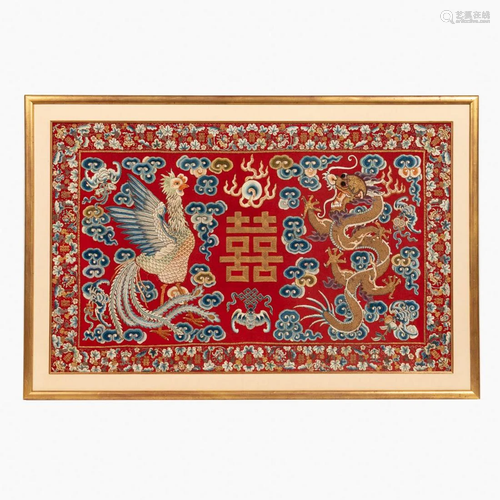 CHINESE RED & GILT DRAGON & PHOENIX EMBROIDERY