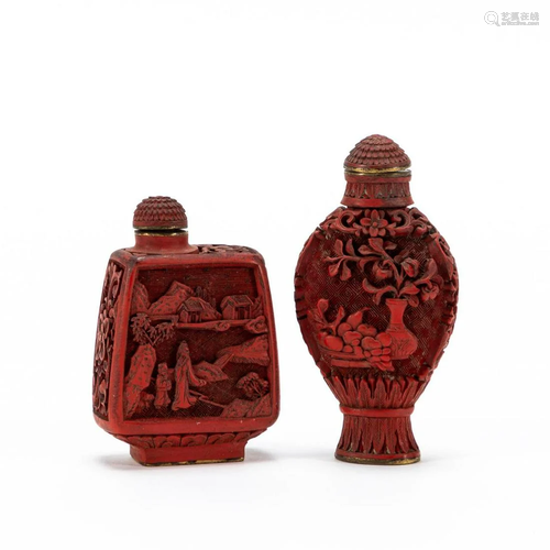 CHINESE TWO CARVED CINNABAR SNUFF BOTTLES