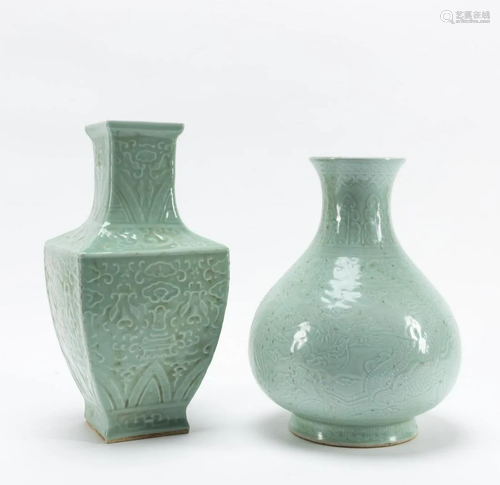 TWO, CHINESE CARVED CELADON GLAZED PORCELAIN VASES