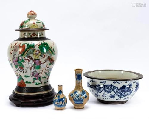 FOUR PCS, CHINESE MAINLY CRACKLE GLAZED PORCELAIN