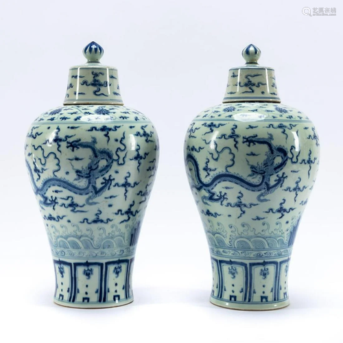 PAIR, CHINESE BLUE & WHITE LIDDED TEMPLE JARS