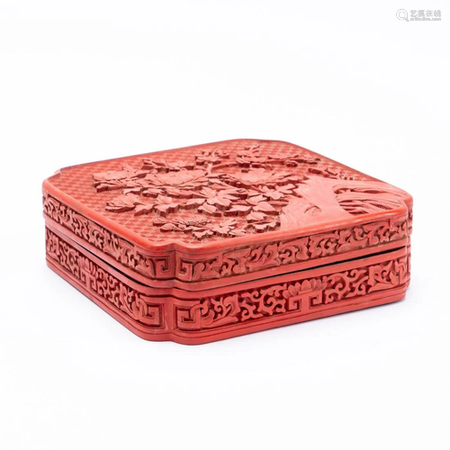 CHINESE LIDDED FLORAL CARVED SQUARE CINNABAR BOX