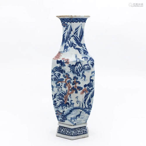 CHINESE BLUE & WHITE DEER IN LANDSCAPE VASE