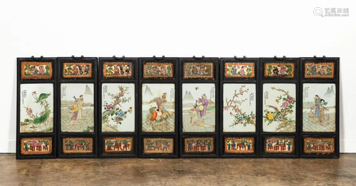 CHINESE, 8 FRAMED FAMILLE ROSE PORCELAIN PANELS