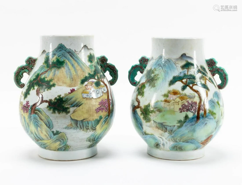 PAIR, CHINESE FAMILLE VERTE LANDSCAPE VASES