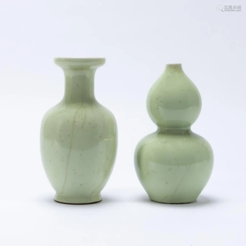 2 PC CHINESE CELADON VASES DOUBLE GOURD & BALUSTER