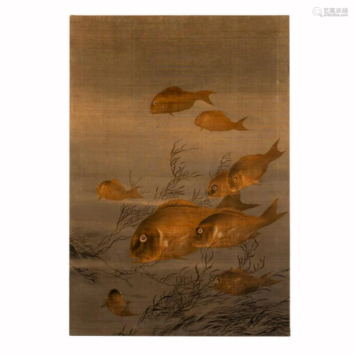 CHINESE STRETCHED WOVEN WALL HANGING, FISH