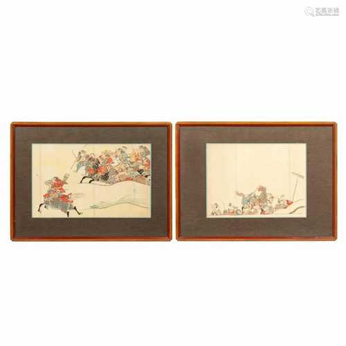 PAIR JAPANESE FIGURAL WARRIOR SCENE PAINTINGS