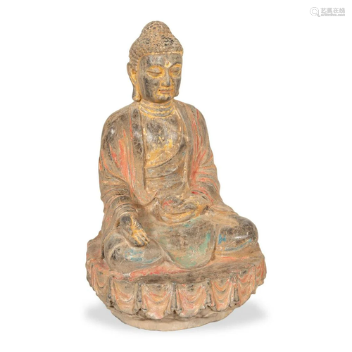 SOUTHEAST ASIAN STONE & POLYCHROME SEATED BUDDHA