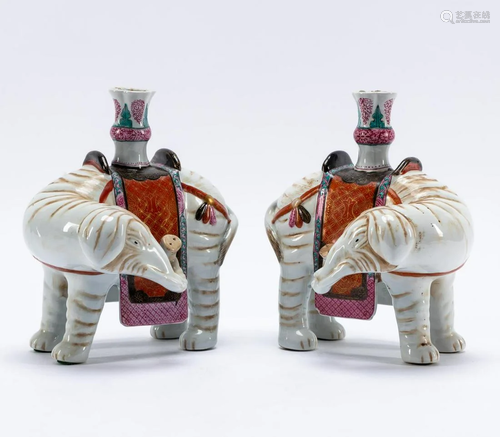 PAIR, CHINESE PORCELAIN ELEPHANT-FORM CANDLESTICKS