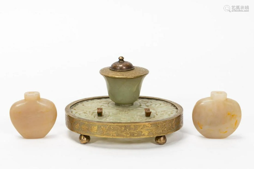 3 PC., CHINESE CARVED JADE INKWELL & SNUFF BOTTLES