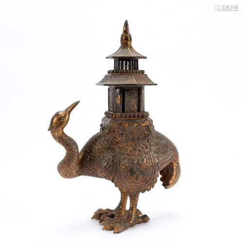 CHINESE PARCEL GILT BRONZE CRANE AND PAGODA CENSER