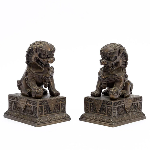 PAIR, CHINESE BRONZE GUARDIAN LIONS ON BASES